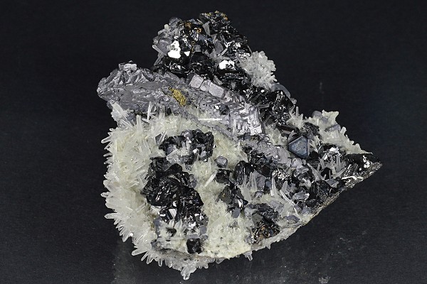 Sphalerite, thin Galena plate , iridescent Chalcopyrite, Quartz, Pyrite