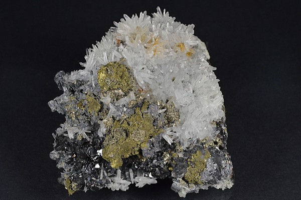Sphalerite, thin Galena plate , iridescent Chalcopyrite, Quartz, Pyrite