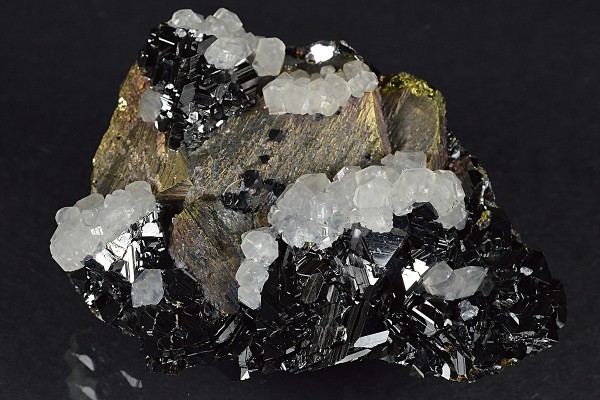 Iridescent Chalcopyrite, truncated Sphalerite, Calcite