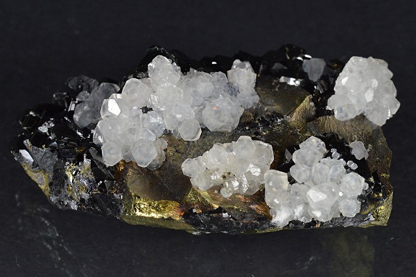 Iridescent Chalcopyrite, truncated Sphalerite, Calcite