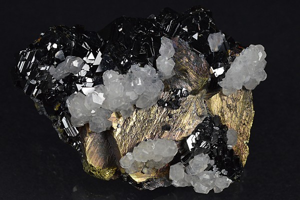 Iridescent Chalcopyrite, truncated Sphalerite, Calcite