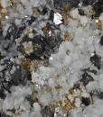 Sphalerite and Pyrite on Quartz with growth phantoms, Calcite