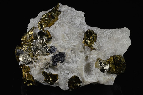 Chalcopyrite, Pyrite set on Calcite, Galena, Quartz