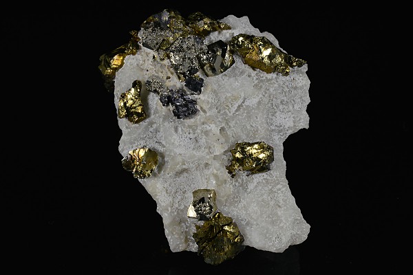 Chalcopyrite, Pyrite set on Calcite, Galena, Quartz