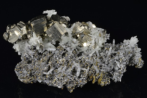 Pyrite set on Quartz, Chalcopyrite, Sphalerite