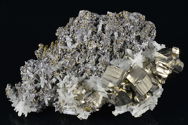 Pyrite set on Quartz, Chalcopyrite, Sphalerite