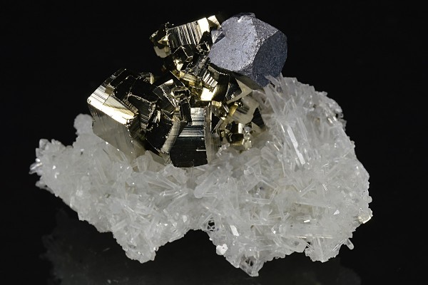 Truncated Galena, Pyrite on Quartz