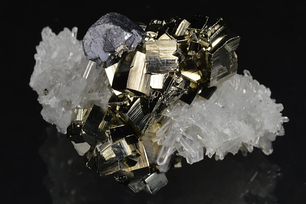 Truncated Galena, Pyrite on Quartz