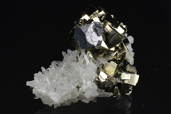 Truncated Galena, Pyrite on Quartz