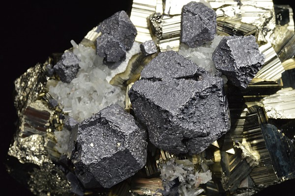 Pyrite, truncated Galena, Quartz