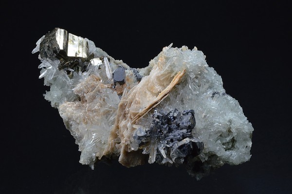 Skeletal Galena, Pyrite on Quartz and Calcite