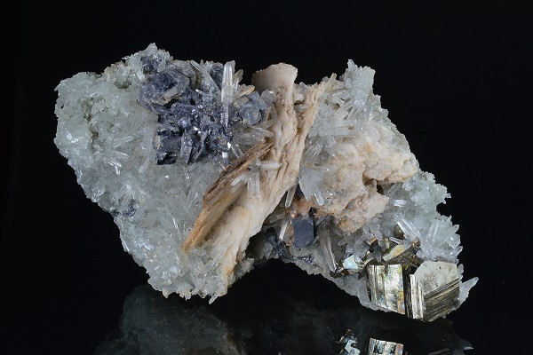 Skeletal Galena, Pyrite on Quartz and Calcite