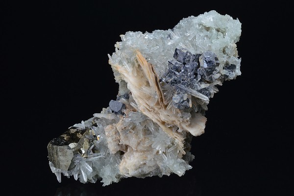 Skeletal Galena, Pyrite on Quartz and Calcite