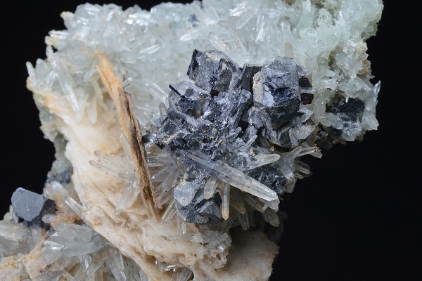 Skeletal Galena, Pyrite on Quartz and Calcite