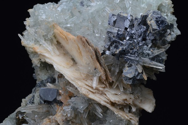 Skeletal Galena, Pyrite on Quartz and Calcite