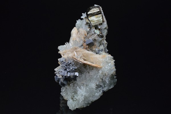 Skeletal Galena, Pyrite on Quartz and Calcite