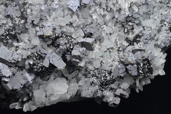 Skeletal Galena on Quartz, Sphalerite, Chalcopyrite