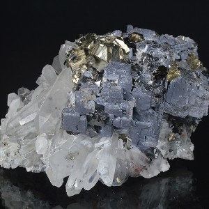 Skeletal Galena on Quartz, Pyrite, Sphalerite