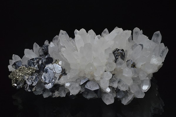 Truncated Galena on Quartz, Pyrite, Sphalerite