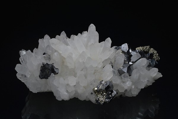 Truncated Galena on Quartz, Pyrite, Sphalerite