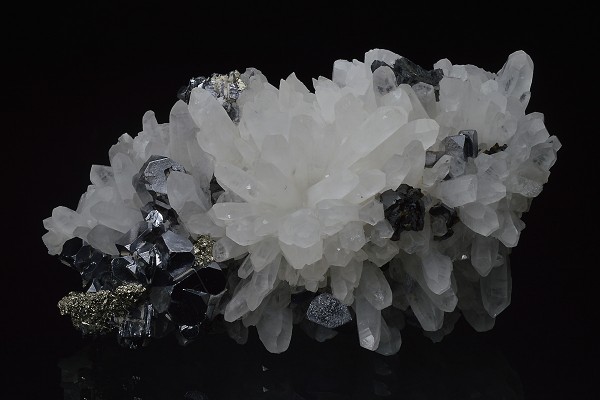 Truncated Galena on Quartz, Pyrite, Sphalerite