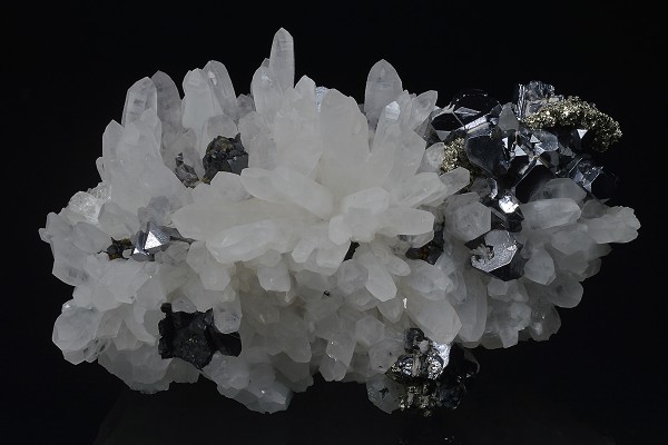 Truncated Galena on Quartz, Pyrite, Sphalerite