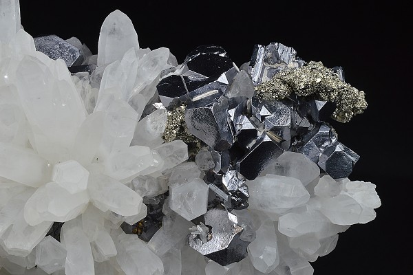 Truncated Galena on Quartz, Pyrite, Sphalerite