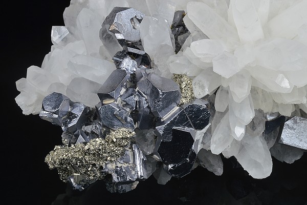 Truncated Galena on Quartz, Pyrite, Sphalerite