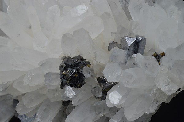 Truncated Galena on Quartz, Pyrite, Sphalerite