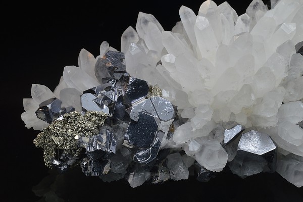 Truncated Galena on Quartz, Pyrite, Sphalerite
