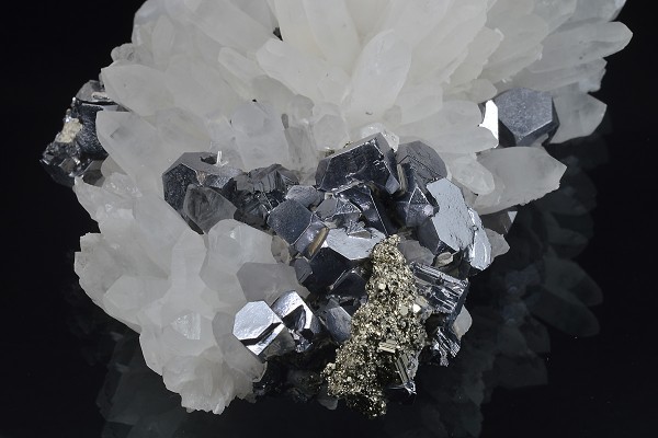 Truncated Galena on Quartz, Pyrite, Sphalerite