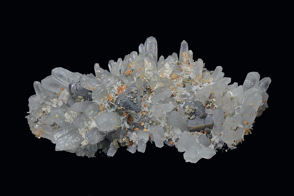 Cleiophane on Quartz, Chalcopyrite, Calcite