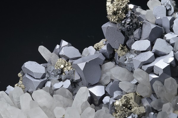 truncated Galena on Quartz, Pyrite, Sphalerite, Chalcopyrite