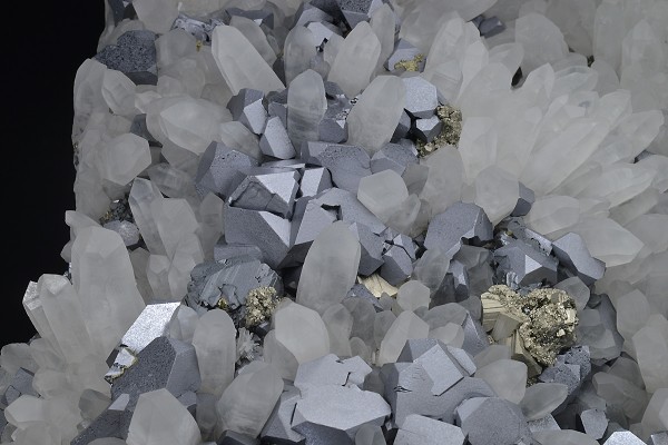 truncated Galena on Quartz, Pyrite, Sphalerite, Chalcopyrite
