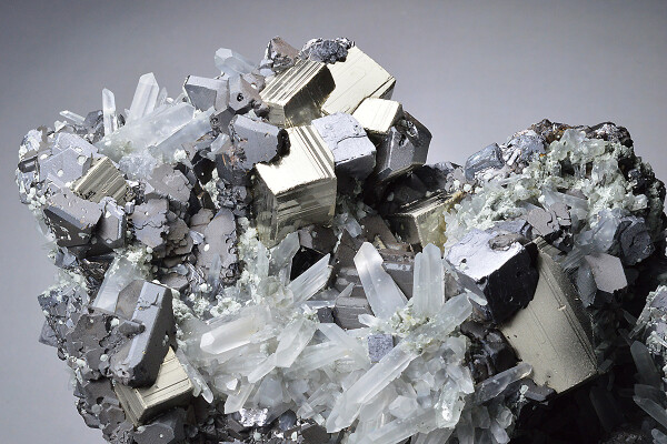 Pyrite on Sphalerite, Quartz, Galena