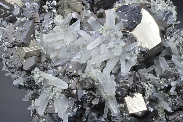 Pyrite on Sphalerite, Quartz, Galena