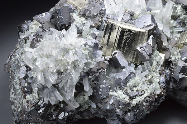 Pyrite on Sphalerite, Quartz, Galena