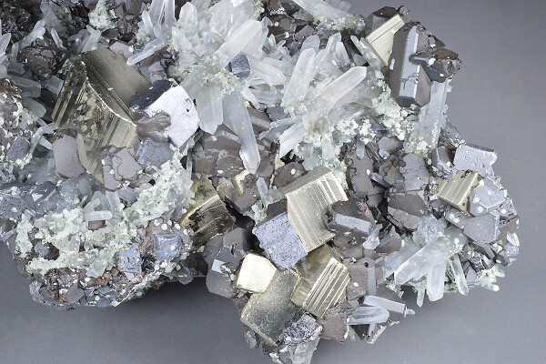 Pyrite on Sphalerite, Quartz, Galena