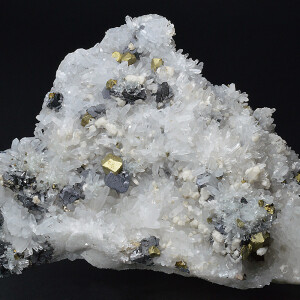 Chalcopyrite on Quartz, Sphalerite, Galena, Calcite