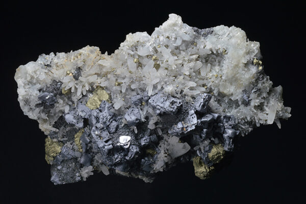 Skeletal Galena on Quartz, Chalcopyrite, Sphalerite