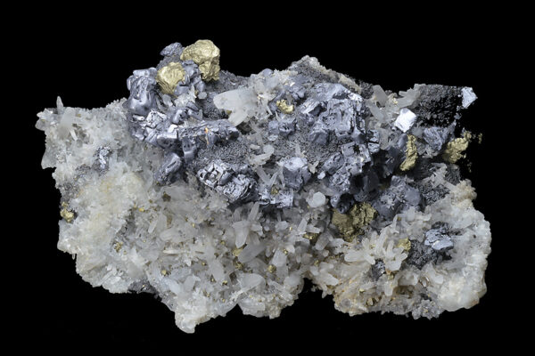 Skeletal Galena on Quartz, Chalcopyrite, Sphalerite