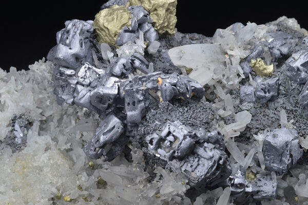 Skeletal Galena on Quartz, Chalcopyrite, Sphalerite