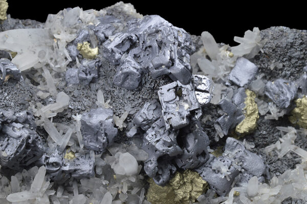 Skeletal Galena on Quartz, Chalcopyrite, Sphalerite