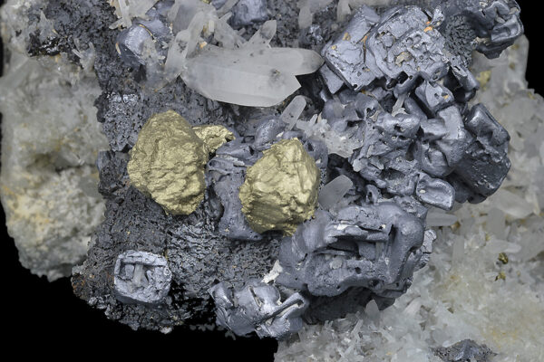 Skeletal Galena on Quartz, Chalcopyrite, Sphalerite