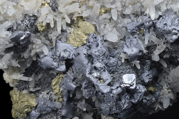 Skeletal Galena on Quartz, Chalcopyrite, Sphalerite
